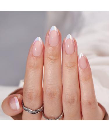 BTArtbox French Tip Press On Nails - White Press On Nails Almond Short Fake Nails with Nail Glue Fit Perfectly & Natural Reusable Stick on Nails in 16 Sizes Mermaid 01 - Mermaid