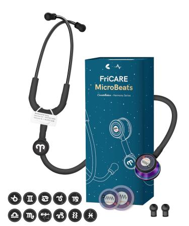 FriCARE Black Stethoscope - Stethoscopes for Nurses RN/PA/NP/LPN/LVN/RT - Hear Heart Lung Sound Easily with Tunable Diaphragms MicroBeats Harmony w/ 12 Constellation Tags Rainbow Chestpiece 31.5''