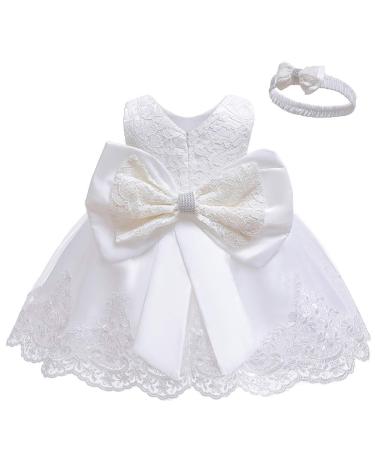 LZH Baby Girls Princess Dress Bowknot Birthday Party Tutu Formal Flower Dress Lace Christening Wedding with Headwear 8348-white 18-24 Months