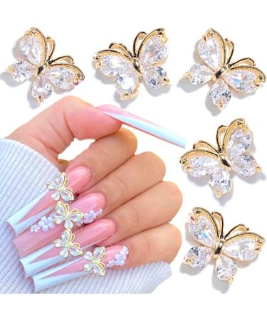 Dornail 5pcs Shiny Zircon Butterfly Nail Charms 3D Alloy Butterfly Nail Rhinestones Nail Art Charms Nail Jewelry Butterfly Charms for Nails DIY Nail Jewels Nail Art Decorations Nail Supplies (Gold)