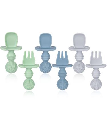 Baby Fork and Spoon Set 6 Pcs Silicone Toddler First Self-Feeding Cutlery Easy Grip Toddler Utensils for Baby Led Weaning 6 Months+ (Blue&Green&Grey)
