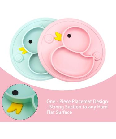 Non-Slip Baby Suction Plate | BPA-Free & FDA Approved | Dishwasher & Microwave Safe | Cyan/Rose Duck Design - Buy Online on SooperMarket.com