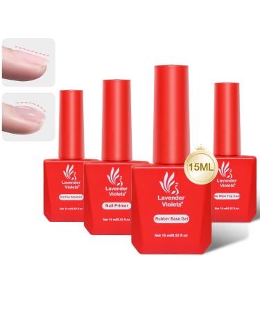 Lavender Violets 15ml x4 Gel Nail Polish Base and Top Coat Set with Nail Prep Dehydrator Rubber Base Gel No Wipe Top Coat Nail Primer Manicure Varnish Nail Care Protection Long Lasting #2578 Nail Primer Rubber Base & Top Coat