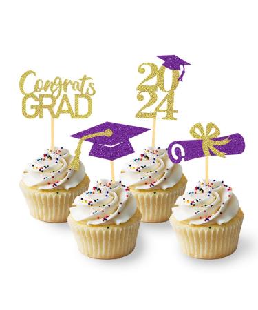 24Pcs Graduation Cupcake Toppers Graduation Cupcake Picks for Cupcake Food Decorations - Class of 2024 Graduation Cupcake Toppers Supplies (Purple & God)