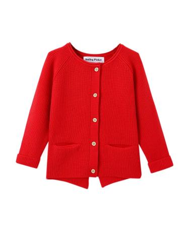 SMILING PINKER Toddler Girls Knit Cardigan Soft Warm Sweaters with Pockets 5-6 Years Red
