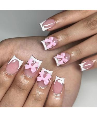 White French Tip Press on Nails with Pink Bow Designs Short Square Fake Nails Glue on Nails Glossy Nude Pink Manicure Art Acrylic Cute False Nails Stick on Nails for Women Girls 24Pcs White French Tip Bow