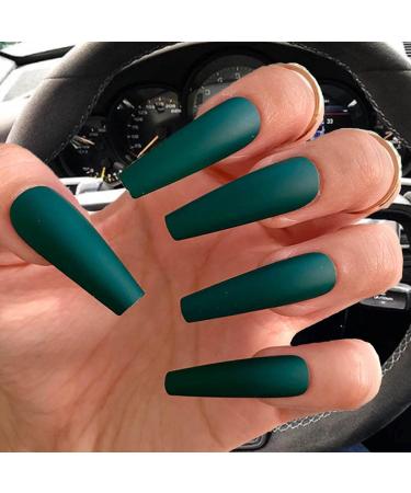 Outyua Matte Super Long False Nails Green Coffin Ballerina Extra Long Press on Nails Acrylic Designer Fake Nails Acrylic Full Cover Nails 24Pcs (Dark Green)
