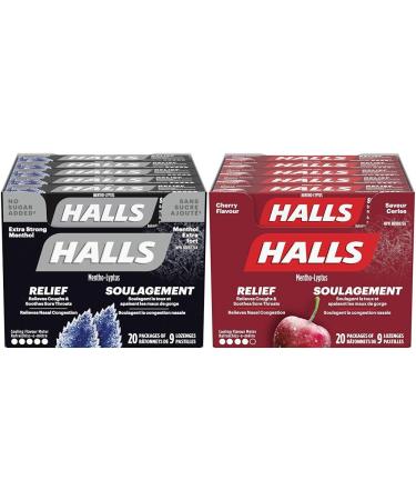 Halls Triple Soothing Action No Sugar Added Cough Drops Extra Strong Menthol 9 count 20 Packs & Cherry Cough Drops 9 count 20 Packs