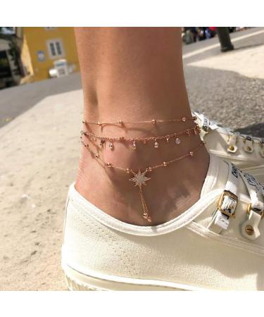 Missgrace Tassel Rhinestones Star Anklet Bracelets for Women Teen Girls Summer Beach Accessories Gold Sequins Anklet Chain with Leaf Chains Anklet Jewelry Gifts