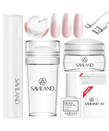 Saviland French nails stamp set nail art stamper kit with mini UV nail lamp white gel nail polish 2 clear nail stamps & 2 nail scraps silicone jelly french tip nail stamp nail nails stencils tools nail art stamp with uv lamp