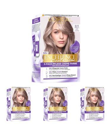 L'Or al Paris Permanent hair color color result 100% gray -hair cover set with color shampoo and care cream excellence cool cream No. 8.11 Ultra cooling light blonde (blond) (pack with 4) Ultra cool light blonde (4 Pack)