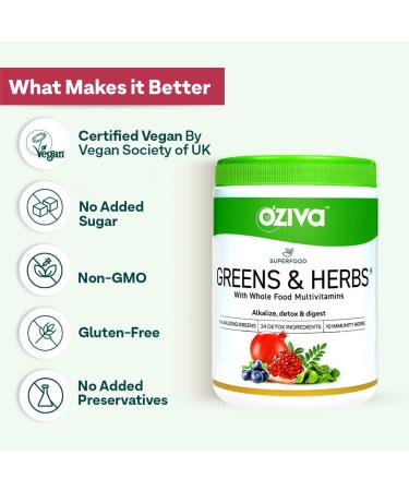 Oziva Superfood Greens & Herbs Powder | 8.8 oz (250 gm) | Chlorella, Curcumin, Spirulina, Maca, Moringa | Cleanse, Detox, Energy | Vegan & Keto Friendly - Buy Online on SooperMarket.com