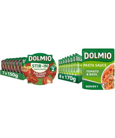 Dolmio Stir In Sun Dried Tomato Pasta Sauce Bulk Multipack 150 g (Pack of 7) & Tomato & Basil Microwave Pasta Sauce Bulk Multipack 8 x 170g pouches Sun-dried Tomato