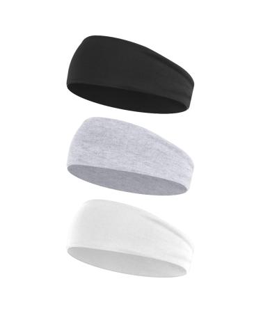 WLLHYF 3 Pcs Yoga Headbands Stretch Head Band Non-Slip Head Wraps Soft Cotton Fabric Sweat Hairbands Workout Pilates Running Sport Headband for Women Girls Black  White  Gray