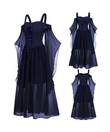Halloween Costumes for Women Plus Size Cold Shoulder Cosplay Outfits Tulle Butterfly Sleeve Lace up Gothic Dresses Navy XX-Large