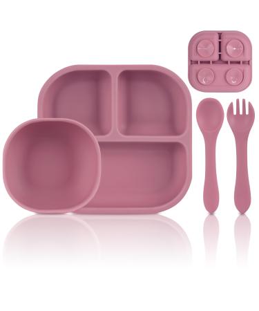 Mojinl Baby dishes silicone with suction cup slippery children's tableware set young girls 4 pieces bpa free dining bar sets with baby open and baby fork bowls dishwasher -safe pink