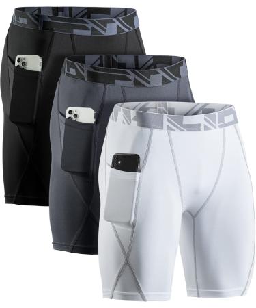 ATHLIO 3 Pack Men's Athletic Cool Dry Compression Shorts, Sports Performance Active Running Tights Side Pocket 3pack Black/ Charcoal/ White Large
