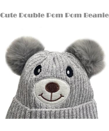 Cute Bear Kids Winter Hat | Dual Pom-Pom Chenille Knitted Warm Hat for Boys & Girls | Fleece Lined Earflap Cap for Toddlers 1-5 Years - Grey - Buy Online on SooperMarket.com