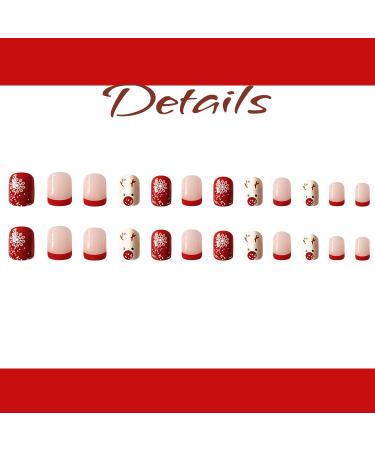 Christmas Short Square French Tip Press On Nails - Red Elk Snowflake Design - Winter Xmas Nail Art for Women - Style 2 - Buy Online on SooperMarket.com
