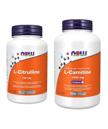 NOW Supplements L-Citrulline 750mg Capsules 90 Count & L-Carnitine Double Strength 1000mg 100 Tablets