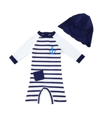 upandfast Baby Boy Swimwear Infant One Piece Zip Swimsuit UPF 50+ Sun Protection Toddler Bathing Suit with Sun Hat 6-9 Months Navy Stripe