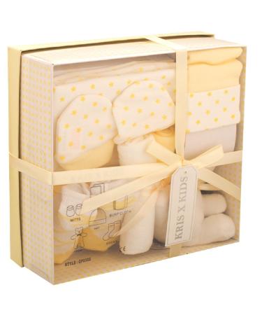 Newborn 7 Piece Luxury Boxed Gift Set each box contains 1 x Teddy 1 x Hat 1 x Pair of Mittens 2 x Wash Cloths 1 x Pair of Socks and 1 x Burp Cloth Lemon set Stars Lemon
