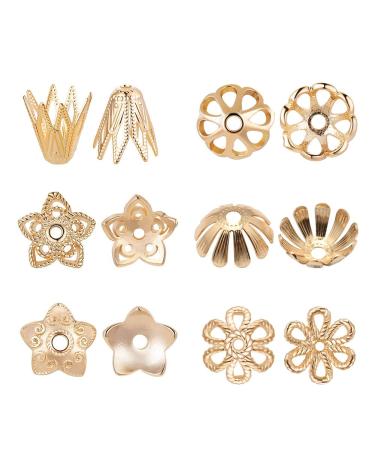BENECREAT 60PCS Mixed Size 18K Gold Plated Flower Bead Caps Tibetan Style Flower Bead End Caps Spacers for Jewelry Making Mixed Shape