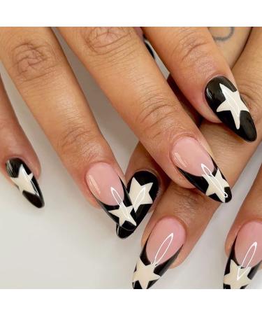 Medium Length Press on Nails Almond French Fake Nails Glossy Full Cover Glue on Nails Acrylic Star Design False Nails for Women&Girl 24Pcs Black White