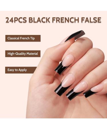 24PCS Long Black French False Nails | Square Full Cover Press On Nails for Women - Jelly Glue Included | Nail Art for Girls - Buy Online on SooperMarket.com