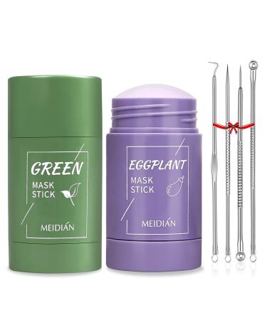 2 Pack Green Tea/Eggplant Purifying Clay Stick Mask, Green Tea Cleansing Mask Blackhead Remover, Face Moisturizes Oil Control Deep Clean Pore for All Skin Types Men Women 6 Piece Set