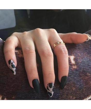 24Pcs Medium Tip Matte Black Frosting Leopard False Nails - Short Press Full Cover Fake Nails for Women and Girls - Buy Online on SooperMarket.com