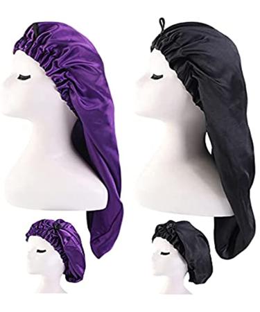 Ladaypoa 2 pieces long satin hair hood girls silky hat women long satin hood sleeping hat to sleep extra big satin sleeping cap for long curly hair protection unit size black+purple