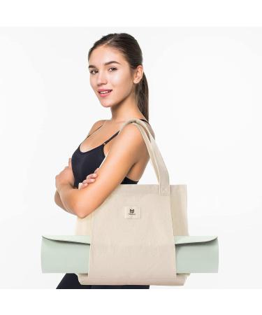 Moyaqi Canvas Tote Bag with Yoga Mat Carrier Pocket - Versatile Carryall for Office, Workout, Pilates, Travel, Beach, and Gym - Beige - Buy Online on SooperMarket.com