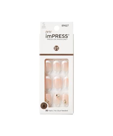 KISS imPRESS No Glue Mani Press On Nails Design 'My Worth' White Short Size Squoval Shape Includes 30 Nails Prep Pad Instructions Sheet 1 Manicure Stick 1 Mini File French