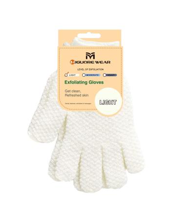 Migliore Wear Exfoliating Gloves 3 DISTINCT TEXTURES Body Scrub Gloves Natural Bath/Shower Scrubber Gloves Beauty Loofah Body Exfoliator Mitt with Hanging Loop(Light) 1 Pair Light