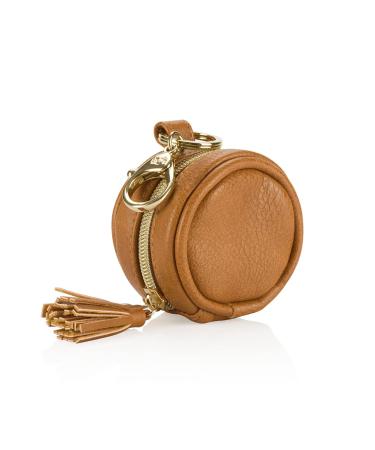 Itzy Ritzy Pacifier Case with Clip - Pacifier Charm Pod Includes Clasp to Easily Attach to a Diaper Bag or Purse Measures 2.5 in Diameter and Holds 2 Pacifiers Cognac