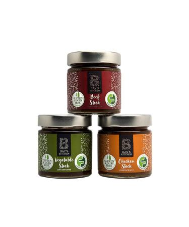 Bay's Kitchen 3 Cooking Stocks Selection - Beef Stock Chicken Stock and Vegetable Stock Delicious Low FODMAP Gluten Free Dairy Free Concentrated Stocks for Cooking and Sauces