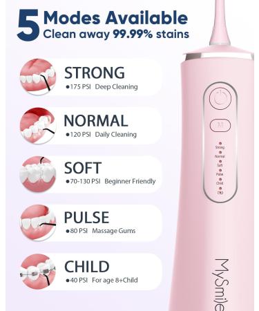 MySmile Water Dental Flosser - Cordless Oral Irrigator with 5 Cleaning Modes | IPX7 Waterproof, USB Rechargeable | 4 Replaceable Jet Tips | Teeth Cleaning Tool with PU Bag [Pink] - Buy Online on SooperMarket.com