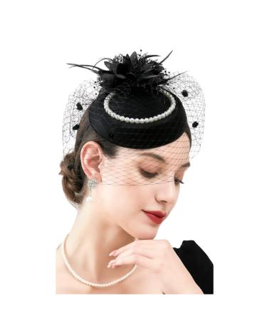 Ladies Elegant Feather Mesh Fascinators Beaded Hair Clips Headband Veil Ascot Races Headwear Hairpins Flower Wedding Party Cocktail Ball Headpiece Festival Hat for Women Girls (Black)