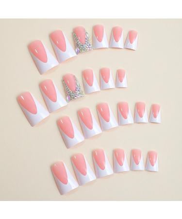 Buy French Tip Press on Nails - Medium Square Glossy Pink & White Duckbill Design - Reusable Rhinestone Fake Nails | Cute Duck Feet Full Cover Acrylics - Buy Online on SooperMarket.com