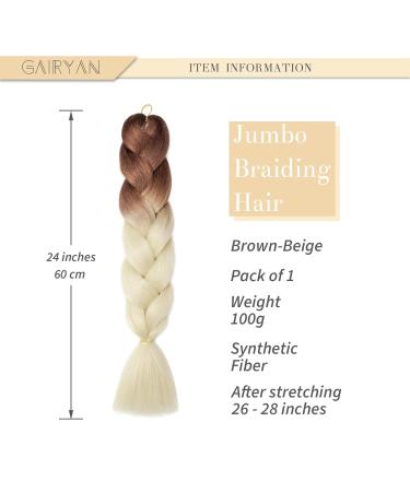 Gairyan Jumbo Braid Extensions - 24 Ombre Synthetic Hair for Crochet Twists - 100g Brown & Beige (1pcs) - Perfect for Infllammatory Styles - Buy Online on SooperMarket.com