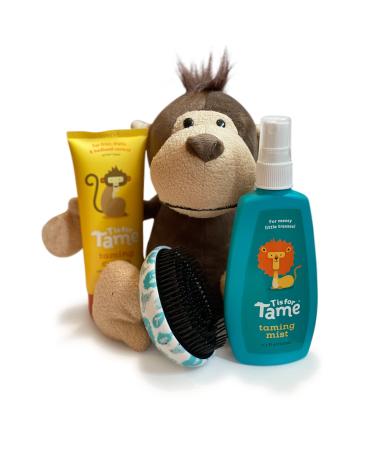 T is for Tame 4-in-1 - 100% Natural Hair Taming Kit with Detangler Spray & Leave in Cream for Bed Head Frizz & Flyaways - Plus Adorable Plush Monkey that Entertains While Parents Tame Hair