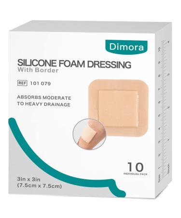 Dimora Silicone Foam Dressing with Border Adhesive 3x3 Waterproof Wound Dressing Bandage for Wound Care 10 Pack(FSA/HSA Approved) 3x 3