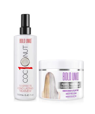 BOLD UNIQ Purple Hair Mask For Blonde, Platinum, Bleached, Silver, Gray, Ash and Brassy Hair & Coconut Heat Protectant Spray - Remove Yellow Tones and Protect Hair from Thermal Heat Up To 450
