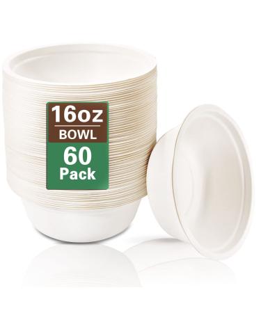 I00000 100% 16oz Compostable Small Paper Bowls 60 Pack Microwavable Disposable Bowls Compostable Bagasse Bowls Eco-Friendly Natural Sugarcane Bagasse Biodegradable Soup Bowls for Salad Dessert White