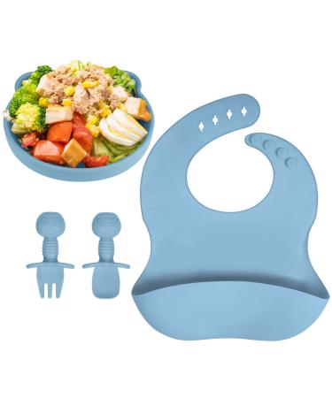 Vicloon Baby Weaning Set 4 Pcs Silicone Baby Feeding Set Baby Suction Plate Bib Spoon and Fork BPA Free Silicone Feeding Set Toddlers and Kids Plates Set Gift for Kids (Blue) Bear Sucker-blue