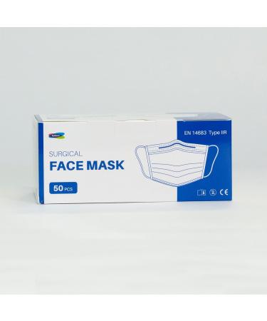 Type IIR fluid resistant surgical Face Masks Disposable Face Masks For Everyday Use Essential Face Mask For Bacterial protection Pack of 50 Colour - Blue One Size 1 count (Pack of 50)