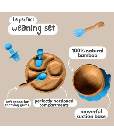 7 Star Bamboo Baby Weaning Set | Suction Bowl, Plate, Spoon & Fork | Non-Slip | Blue - Buy Online on SooperMarket.com