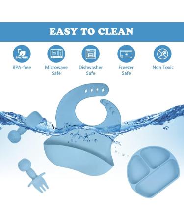 Vicloon Silicone Baby Feeding Set | 4 Pcs Weaning Suction Plate, Bib, Spoon & Fork | BPA-Free Toddler & Kids Plate Set | Divided Plate | Gift for Kids - Blue - Buy Online on SooperMarket.com