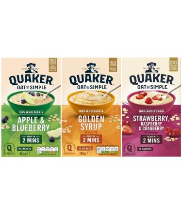 Apple & Blueberry Porridge Sachets 360g with Strawberry Raspberry & Cranberry Porridge Sachets 339g & Golden Syrup Porridge Sachets 360g - Bundle Consisting of Quaker Oat So Simple x3 Packs